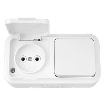 Блок выкл. 1 клав. + розетка (открытая, б/з, брызг. защ.) белая, Пралеска Аква, Bylectrica