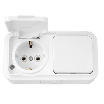 Блок выкл. 1 клав. + розетка (открытая, с/з, брызг. защ.) белая, Пралеска Аква, Bylectrica