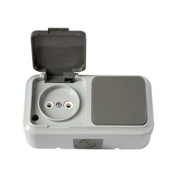 Блок выкл. 1 клав. + розетка (открытая, б/з, брызг. защ.) серая, Пралеска Аква, Bylectrica