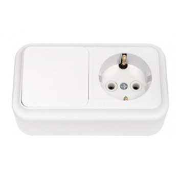 Блок выкл. 1 клав. + розетка (открытая, с/з) белая, Пралеска, BYLECTRICA