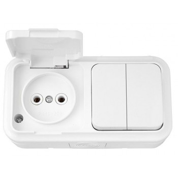 Блок выкл. 2 клав. + розетка (открытая, б/з, брызг. защ.) белая, Пралеска Аква, Bylectrica