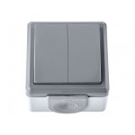 Выключатель 2 клав. (открытый, 10А, струезащ.) серый, Пралеска Аква, BYLECTRICA