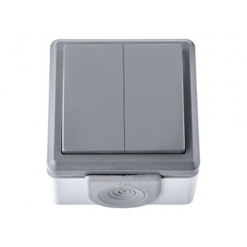 Выключатель 2 клав. (открытый, 10А, струезащ.) серый, Пралеска Аква, BYLECTRICA