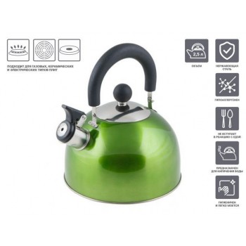 Чайник со свистком, нержавеющая сталь, 2.5 л, серия Holiday, зеленый металлик, PERFECTO LINEA