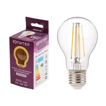 Лампа светодиодная филаментная A60 СТАНДАРТ 8 Вт E27 3000К ЮПИТЕР ДЕКОР